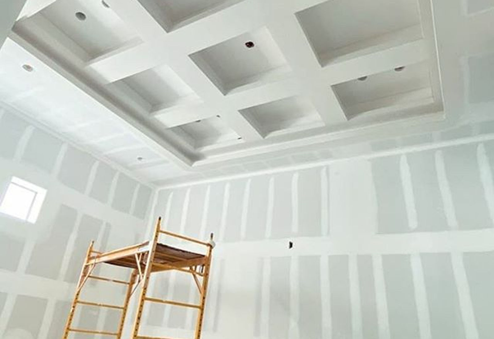 Large coffered ceiling prepared for a smooth finish
